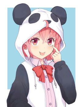 1girl :p ahoge akanbe animal_hood black_sleeves blue_background blush bow bowtie collared_shirt commentary_request crossed_bangs double-parted_bangs earrings eyelid_pull green_nails hair_between_eyes haniwa_(leaf_garden) highres hood hood_up jacket jewelry letterman_jacket long_sleeves mole mole_under_eye nail_polish nijisanji open_clothes open_jacket panda_hood pink_eyes pink_hair pink_shirt raglan_sleeves red_bow red_bowtie sasaki_saku sasaki_saku_(1st_costume) shirt short_hair simple_background single_hair_streak solo tongue tongue_out two-tone_background upper_body virtual_youtuber white_jacket white_streaks