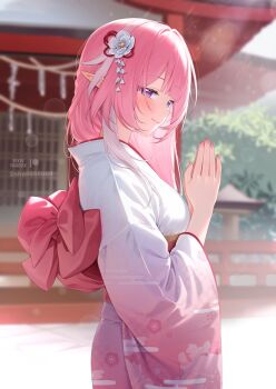 1girl alternate_costume blurry blurry_background breasts closed_mouth commentary_request cowboy_shot cyrene_(demiurge)_(honkai:_star_rail) cyrene_(honkai:_star_rail) day flower from_side gradient_clothes gradient_kimono hair_flower hair_ornament highres honkai:_star_rail honkai_(series) japanese_clothes kimono long_hair looking_at_viewer medium_breasts outdoors own_hands_together palms_together pink_hair pink_kimono pointy_ears purple_eyes shrimp_cake sidelocks smile solo white_flower white_kimono