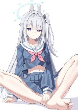 1girl absurdres animal_ears arm_support blue_archive blue_halo blue_serafuku blue_shirt blue_skirt braid breasts closed_mouth collarbone commentary crop_top crop_top_overhang fake_animal_ears feet grey_hair hair_between_eyes hair_intakes halo highres legs long_hair long_sleeves looking_at_viewer miniskirt miyako_(blue_archive) navel one_side_up panties pleated_skirt purple_eyes rabbit_ears sailor_collar school_uniform serafuku shirt sidelocks simple_background sitting skirt small_breasts sob_(submar1089) soles solo thighs toes underwear very_long_hair white_background white_panties white_sailor_collar