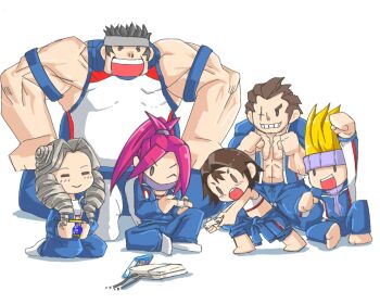 Rule 34 | 3boys, 3girls, = =, armband, black eyes, blonde hair, blush, brother and sister, brown eyes, brown hair, chibi, clothes around waist, commentary request, controller, drill hair, game console, game controller, grin, headband, zaki (justice gakuen), isurugi gan, jacket, jacket around waist, justice gakuen, kazama akira, kazama daigo, kirishima yurika, mask, mr kunimitsu, multiple boys, multiple girls, one eye closed, open mouth, pants, pink hair, platinum blonde hair, playstation 4, ponytail, raised fist, scar, scar across eye, scar on face, siblings, smile, street fighter, street fighter v, tank top, track jacket, track pants, track suit, turtleneck, twin drills, edge (justice gakuen)