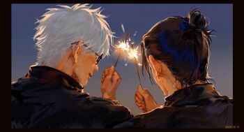 2boys 521jie black_hair blue_eyes closed_mouth earrings from_behind getou_suguru glasses gojou_satoru hair_bun hair_pulled_back highres holding holding_fireworks jewelry jujutsu_kaisen jujutsu_tech_uniform lips male_focus multiple_boys nose plug_(piercing) short_hair upper_body white_hair
