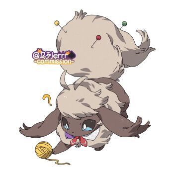 ? alternate_color alternate_shiny_pokemon animal_focus animal_hands blue_eyes bow bowtie brown_fur eevee fluffy full_body gen_1_pokemon highres looking_at_object nintendo no_humans pokemon pokemon_(creature) pokemon_focus red_bow red_bowtie simple_background solo standing white_background wulie_errr yarn yarn_ball