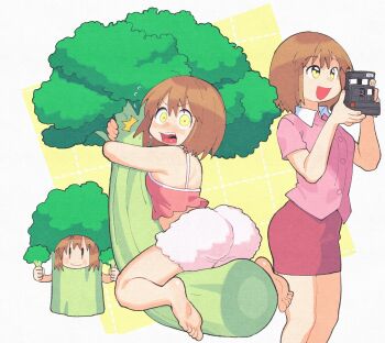 1girl ass back bare_shoulders barefoot blonde_hair blush blush_stickers broccoli camera camisole city_(arawi_keiichi) collared_shirt costume food food_costume from_behind highres holding holding_camera holding_food holding_vegetable huge_ass inkerton-kun looking_ahead looking_at_viewer multiple_views niikura_(city) open_mouth pink_camisole pink_shirt pink_skirt shirt short_hair shorts skirt smile vegetable white_background white_shorts wide-eyed yellow_eyes |_|