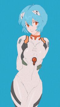 1girl arms_behind_back ayanami_rei bad_id bad_twitter_id blue_background blue_hair bodysuit cowboy_shot highres interface_headset_(evangelion) looking_at_viewer mecha_pilot_suit neon_genesis_evangelion plugsuit_(evangelion) red_eyes short_hair simple_background solo swirl9017 white_bodysuit