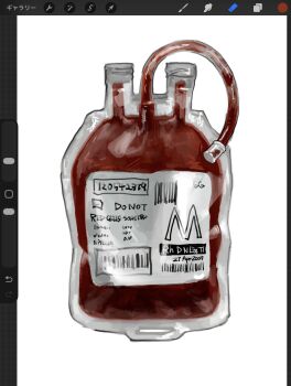 art_program_in_frame barcode blood blood_bag blood_type commentary_request english_text gumidrawing highres intravenous_drip no_humans object_focus original painterly realistic screencap simple_background white_background