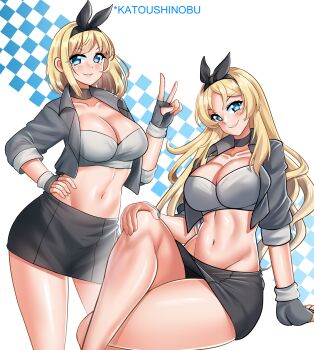 Rule 34 | 2girls, bandeau, black hairband, black skirt, blonde hair, blue eyes, contrapposto, cosplay, cowboy shot, cropped jacket, dated, fingerless gloves, gloves, grey bandeau, grey gloves, grey jacket, hairband, highres, jacket, kantai collection, katou shinobu, midriff, multiple girls, navel, nelson (kancolle), nelson (kancolle) (cosplay), nelson (race queen) (kancolle), race queen, rodney (kancolle), short hair, skirt, stomach, twitter username