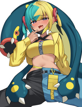 1girl :d absurdres aqua_hair bilingual_commentary blonde_hair blue_eyes blush breasts canari_(pokemon) commentary dark-skinned_female dark_skin english_commentary highres korean_commentary mask mask_pull medium_breasts mixed-language_commentary mouth_mask multicolored_hair navel nintendo open_mouth pants pokemon pokemon_(creature) pokemon_legends:_z-a sitting smile split-color_hair spread_legs twintails two-tone_hair two-tone_pants ziro_(zirorong)