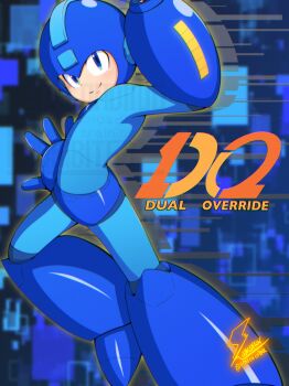 1boy arm_cannon blue_background blue_eyes blue_helmet commentary_request fontatoba full_body helmet highres male_focus mega_man:_dual_override mega_man_(character) mega_man_(classic) mega_man_(series) smile solo watermark weapon