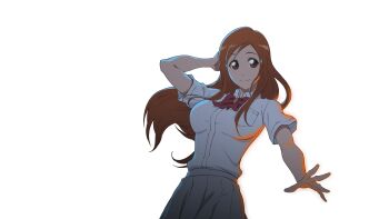 Rule 34 | 1girl, anime coloring, arm behind head, bleach, bleach soul resonance, bow, bowtie, breasts, brown eyes, brown hair, closed mouth, collared shirt, dress shirt, eyebrows hidden by hair, eyelashes, floating hair, grey skirt, hair ornament, hairpin, highres, inoue orihime, karakura high school uniform, large breasts, long hair, looking at viewer, official art, outstretched hand, parted bangs, pleated skirt, red bow, red bowtie, school uniform, shirt, short sleeves, sidelocks, simple background, skirt, smile, solo, split mouth, tareme, transparent background, very long hair, white shirt