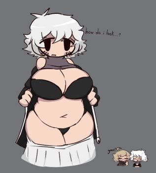 .flow 2girls ahoge bikini black_bikini black_eyes black_panties blonde_hair breasts english_text fat fat_woman grey_skirt huge_breasts implied_yuri messy_hair mob_face multiple_girls panties pleated_skirt purple_sweater sabitsuki short_hair skirt skirt_down solo_focus sweater swimsuit tacoman talking thick_thighs thighs thumbs_up underwear urotsuki white_hair yume_2kki