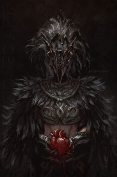 armor belly black_background black_feathers bloodexer breastplate cape commission elden_ring feather_cape feathered_helmet feathers fromsoftware heart heart_(organ) helm helmet highres holding holding_heart holding_heart_(organ) looking_at_viewer simple_background solo