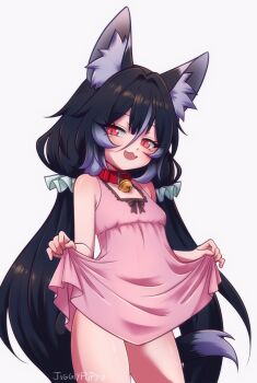 Rule 34 | 1girl, :3, :d, animal ear fluff, animal ears, bare shoulders, bell, black hair, breasts, cat ears, cat girl, cat tail, clothes lift, collar, dress, dress lift, fang, grey hair, highres, jigglypupy, lifting own clothes, long hair, looking at viewer, low twintails, multicolored hair, neck bell, open mouth, original, pink dress, red collar, red eyes, short dress, simple background, sleeveless, sleeveless dress, small breasts, smile, streaked hair, tail, twintails, very long hair, white background