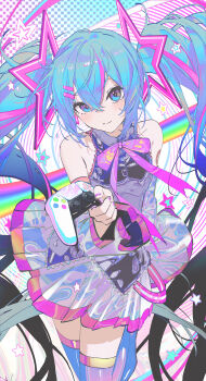 1girl arm_behind_back bare_shoulders blue_eyes blue_hair blush boots chinese_commentary closed_mouth commentary_request controller cowboy_shot detached_sleeves dress game_controller hair_between_eyes hair_ornament hatsune_miku highres holding holding_controller holding_game_controller iridescent_clothes kieed large_variant_set leg_up long_hair looking_at_viewer miku_day multicolored_hair pink_hair pleated_dress sleeveless sleeveless_dress solo star_(symbol) star_hair_ornament streaked_hair thigh_boots thighhighs twintails variant_set very_long_hair vocaloid zettai_ryouiki
