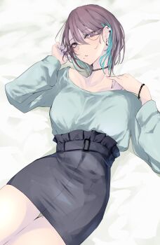 1girl akiyama_cz4a bed bed_sheet belt belt_buckle black_belt black_choker black_skirt bracelet breasts brown_hair buckle choker collarbone earclip earrings frilled_skirt frills green_shirt high-waist_skirt highres jewelry long_sleeves looking_at_viewer lying medium_breasts miniskirt mole mole_on_thigh mole_under_mouth multicolored_hair multiple_earrings nail_polish narrowed_eyes off_shoulder on_back open_mouth original purple_eyes purple_nails shirt short_hair skirt solo streaked_hair waistband