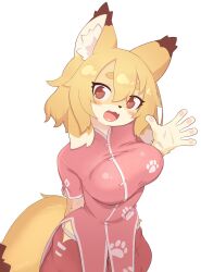 Rule 34 | 1girl, animal ear fluff, animal ears, blonde hair, dress, fang, fox ears, fox girl, fox tail, furry, furry female, highres, hikimayu, hip vent, indie virtual youtuber, looking at viewer, multicolored hair, open mouth, owasaki, pink dress, red eyes, short sleeves, simple background, solo, tail, vietnamese dress, virtual youtuber, waving, white background, white hair