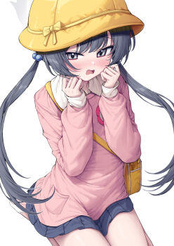 1girl bag black_hair blue_archive blue_skirt blush grey_eyes grey_halo hair_bobbles hair_ornament halo hands_on_own_face hands_up hashtag-only_commentary hat highres kindergarten_uniform kisaki_(blue_archive) kisaki_(kindergarten_uniform)_(blue_archive) long_hair long_sleeves looking_at_viewer metaljelly miniskirt nose_blush official_alternate_costume open_mouth pink_shirt pleated_skirt puffy_long_sleeves puffy_sleeves redrawn school_hat seiza shirt shoes shoulder_bag simple_background sitting skirt solo twintails very_long_hair wavy_mouth white_background white_shoes yellow_bag yellow_hat