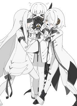 >_< 3girls absurdres ame_miya_ta barefoot black_shoes blindfold blue_archive blunt_bangs blush cheek_pinching cheek_pull commentary_request dress ein_(blue_archive) flying_sweatdrops full_body gas_mask hair_over_one_eye headgear headphones highres long_hair long_sleeves looking_at_another mask mechanical_tail medium_hair multiple_girls ohr_(blue_archive) open_mouth peanut_mouth pinching shoes simple_background sof_(blue_archive) spot_color standing symbol-shaped_pupils tail very_long_hair white_background white_dress white_hair x-shaped_pupils yellow_eyes