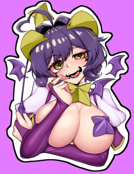 1girl ahoge alternate_breast_size_(larger) bat_wings black_hair breasts commentary_request facial_mark fangs forward-facing_horns heart heart_ahoge highres hiiragi_utena holding holding_riding_crop horns large_breasts looking_at_viewer love0craft magia_baiser mahou_shoujo_ni_akogarete medium_hair open_mouth pasties purple_background riding_crop simple_background smile solo star-shaped_pupils star_(symbol) star_facial_mark star_pasties symbol-shaped_pupils upper_body wings yellow_eyes