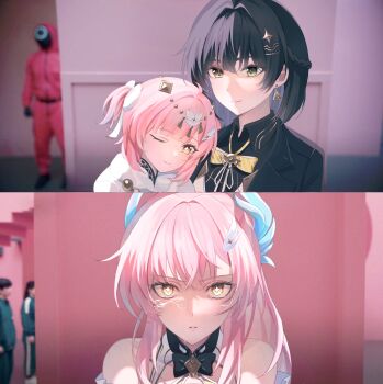 Rule 34 | 2girls, absurdres, adoptive parent and adoptive child, aemeath (wuthering waves), aemeath (young) (wuthering waves), bare shoulders, black jacket, bow, bowtie, closed mouth, commentary request, cracked skin, earrings, female rover (perpetual spark) (wuthering waves), female rover (wuthering waves), hair ornament, highres, jacket, jewelry, long hair, looking at viewer, meme, mother and daughter, multiple girls, one eye closed, orange eyes, parted lips, pink hair, rover (wuthering waves), smile, squid game, star-shaped pupils, star (symbol), symbol-shaped pupils, triangle earrings, wuthering waves, year 1 &amp; year 2 (squid game) (meme), yellow bow, yellow bowtie, yellow eyes, yun (yun 4 11)