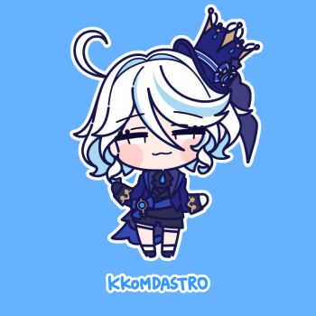 1girl :3 animated animated_gif artist_name ascot black_ascot black_footwear black_gloves black_shorts blue_background blue_hair blue_hat chibi closed_mouth dancing full_body furina_(genshin_impact) genshin_impact gloves grey_hair grey_shorts hair_between_eyes hair_intakes hat jitome kkomdastro long_hair long_sleeves looking_at_viewer low_twintails medium_hair mini_hat multicolored_hair no_nose no_pupils shorts side_ahoge simple_background socks solo sparkle streaked_hair twintails very_long_hair vision_(genshin_impact) white_socks