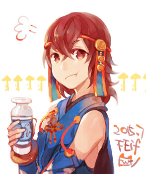1boy 2015 bottle commentary_request copyright_name fire_emblem fire_emblem_fates hayato_(fire_emblem) japanese_clothes looking_at_viewer male_focus milk_bottle mitsukato nintendo red_eyes red_hair