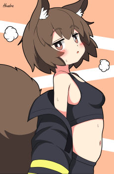 1girl absurdres animal_ears arknights artist_name black_jacket black_shirt blush breasts brown_eyes brown_hair commentary_request from_side hendra highres jacket looking_at_viewer midriff navel off-shoulder_jacket off_shoulder open_mouth orange_background puff_of_air removing_jacket shaw_(arknights) shirt short_hair small_breasts solo squirrel_ears squirrel_girl squirrel_tail standing sweat tail tank_top undressing