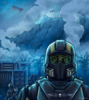 Rule 34 | 1boy, 3others, absurdres, ambiguous gender, ann bear, armor, artist name, blue sky, commentary, dropship (helldivers), empty eyes, english commentary, fine art parody, full armor, grass, green eyes, helldiver (helldivers), helldivers (series), helmet, highres, in-universe location, looking at viewer, mountain, multiple others, outdoors, parody, ptsd, rock, science fiction, scratches, sky, smoke, solo focus, tank (helldivers), the two-thousand yard stare, thick eyebrows, thousand yard stare, tree, twitter username, wide-eyed
