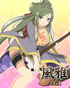 1girl blue_eyes breast_tattoo breasts floral_print floral_print_kimono fuga_(senran_kagura) green_hair hair_ornament headdress highres holding holding_instrument instrument japanese_clothes jewelry kimono large_breasts long_hair looking_at_viewer marvelous mole mole_under_eye music obi official_art open_mouth playing_instrument print_kimono sash senran_kagura senran_kagura_new_wave shamisen smile solo tattoo weapon yaegashi_nan