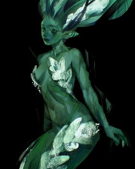 1girl absurdres black_background body_markings colored_skin commentary covered_erect_nipples english_commentary floating_hair green_eyes green_skin head_tilt highres looking_at_viewer mermaid monster_girl original painterly pointy_ears simple_background solo twisted_torso twulfs