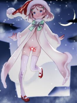 1girl blue_eyes bottomless breasts brown_hair cape christmas hat loli medium_hair moon night outdoors santa_hat small_breasts snow soon_(c-u-soon) winter