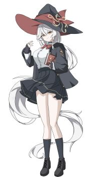 1girl absurdres black_boots black_robe black_skirt black_socks blue_archive book boots bow braid breasts closed_mouth collared_shirt commentary_request eri_(blue_archive) full_body hair_between_eyes halo hat highres holding holding_book large_breasts long_sleeves looking_at_viewer mili_mli orange_eyes pleated_skirt red_bow robe shirt side_braid simple_background skirt smile socks solo tilted_halo white_background white_shirt witch_hat yellow_halo