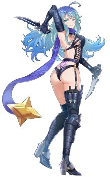 Rule 34 | 1girl, ass, back tattoo, blue hair, butt crack, idola phantasy star saga, official art, phantasy star, phantasy star online 2, smile, star (symbol), tattoo, tramp stamp, weapon