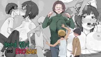 1girl 2boys age_difference bar_censor blonde_hair blue_pants blush breasts brown_hair censored cleavage faceless faceless_male fellatio glasses grabbing_another's_breast green_jacket groping handjob heart height_difference huge_breasts jacket kiss lonklink multiple_boys nerd_girl_(lonklink) onee-shota open_mouth oral original pants partially_colored penis saliva shaded_face shota steam sweat tongue tongue_out