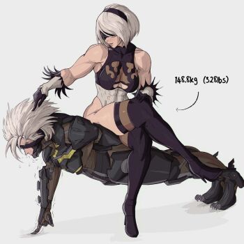 1boy 1girl 2b_(nier:automata) alternate_muscle_size black_boots blindfold boots breasts clothing_cutout commentary covered_abs covered_eyes crossed_legs crossover cyborg deltoids english_commentary exercising finger_push-ups girl_on_top grey_hair high_heels highres human_chair human_furniture large_breasts leotard metal_gear_(series) metal_gear_rising:_revengeance mole mole_under_mouth muscular muscular_female nier:automata nier_(series) push-ups raiden_(metal_gear) short_hair sitting sitting_on_person stiletto_heels strong thick_thighs thigh_boots thighhighs thighhighs_under_boots thighs thong_leotard trait_connection underboob_cutout weight yoracrab