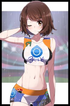 1girl absurdres blush breasts brown_eyes brown_hair collarbone crop_top gloria_(pokemon) gym_challenge_uniform highres long_hair looking_at_viewer navel nintendo one_eye_closed parted_lips pokemon pokemon_swsh print_shorts rain shabana_may short_hair shorts small_breasts solo stomach water wet white_shorts