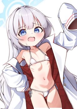 1girl bikini blue_archive blue_eyes blue_halo blush cherino_(blue_archive) coat coat_on_shoulders coat_partially_removed facial_hair fake_facial_hair fake_mustache fang halo highres led_winter loli micro_bikini multicolored_coat mustache navel open_mouth sweat swimsuit white_background white_bikini white_coat white_hair white_mustache