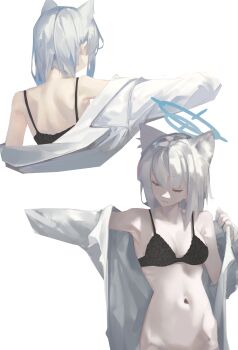 1girl absurdres animal_ears armpits from_behind bare_hips bare_shoulders black_bra blue_archive blue_halo bottomless bra closed_eyes closed_mouth earrings halo highres hip_bones jacket jewelry living_doll looking_down looking_to_the_side medium_hair navel putting_on_jacket shiroko_(blue_archive) solo underwear upper_body white_background white_hair white_jacket wolf_ears