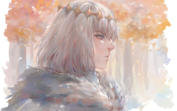 1boy blue_eyes cape circlet closed_mouth commentary english_commentary fate/grand_order fate_(series) from_side fur-trimmed_cape fur_trim grey_hair highres looking_ahead male_focus oberon_(fate) oberon_(second_ascension)_(fate) renrenka_noi short_hair solo upper_body white_cape