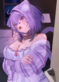 1girl absurdres ahoge animal_ear_fluff animal_ears blush breasts cat_ears cat_girl cat_tail gong_xu_yamii highres hololive large_breasts lingerie looking_at_viewer negligee nekomata_okayu open_mouth purple_eyes purple_hair purple_tail shirt short_hair smile solo tail underwear virtual_youtuber