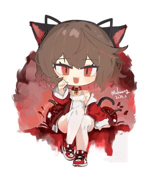 1girl :d air_jordan_1 animal_collar animal_ear_hairband animal_ears arm_support artist_name bare_shoulders bell belt_collar black_tail breasts brown_hair cat_ear_hairband cat_ears cat_tail cherry chibi collar commentary_request commission dated fake_animal_ears fang food fruit hairband highres jacket korean_commentary legs_together looking_at_viewer mahwang500_(ma-hwang) mole mole_on_breast mole_under_eye neck_bell off_shoulder one-piece_swimsuit open_mouth original paw_pose prunechi red_eyes red_jacket red_shoes second-party_source shoes short_hair sitting slit_pupils smile sneakers swimsuit tail thighhighs white_one-piece_swimsuit white_thighhighs