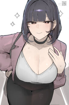 1girl azz0422 bent_over black_choker black_eyes black_hair black_pants blunt_bangs breasts choker cleavage coat earrings hand_on_own_hip highres jewelry large_breasts looking_at_viewer medium_hair original pants pink_coat qr_code shirt solo sparkle stud_earrings sweat white_shirt