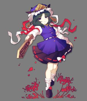 1girl black_shoes black_skirt blue_eyes blue_hat blue_vest bow breasts buttons commentary english_commentary epaulettes flower footwear_bow frilled_hat frills full_body green_hair grey_background hat highres holding long_sleeves looking_at_viewer nnickykunn outstretched_arm puffy_long_sleeves puffy_sleeves red_flower red_ribbon ribbon ribbon-trimmed_skirt ribbon_trim rod_of_remorse serious shiki_eiki shirt shoes short_hair skirt sleeve_ribbon small_breasts socks solo spider_lily standing touhou vest white_ribbon white_shirt white_socks