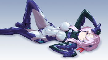 Rule 34 | 1girl, arm up, armored bodysuit, black bodysuit, blue bodysuit, blue eyes, bodysuit, breasts, commentary request, covered erect nipples, covered navel, fortified suit, gradient background, hair ribbon, headgear, highres, impossible bodysuit, impossible clothes, kurione (zassou), looking at viewer, lying, mecha pilot suit, medium breasts, medium hair, multicolored bodysuit, muv-luv, muv-luv alternative, on back, original, pink hair, ribbon, shiny clothes, simple background, skin tight, solo, white bodysuit