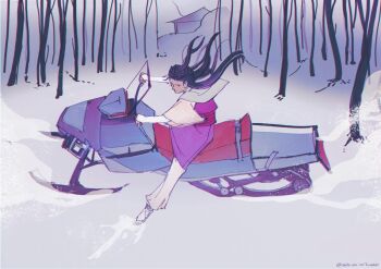 Rule 34 | 1girl, ace attorney, akira (manga), akira slide, bare tree, black hair, braid, iris (ace attorney), japanese clothes, long hair, long sleeves, motorized unicycle, outdoors, shih-na (artist), sketch, snow, tree, tumblr username, twintails