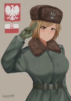 1girl absurdres artist_name blush brown_eyes brown_hair brown_hat coat cold_war commentary emblem english_commentary fur-trimmed_coat fur_hat fur_trim gloves green_coat green_gloves grey_background grzegorz1996 hat highres long_sleeves looking_at_viewer military military_uniform original poland polish_army polish_flag salute short_hair shoulder_boards simple_background smile soldier solo two-finger_salute upper_body ushanka