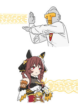 1boy 1girl animal_ears bare_shoulders braid braided_hair_rings bright_pupils brown_hair closed_mouth color_timer commentary_request crossed_wrists detached_sleeves dress ear_covers ear_ornament gentildonna_(regina_dei_fiori)_(umamusume) gentildonna_(umamusume) gloves hair_ornament hair_rings hands_up highres horse_ears horse_girl long_hair long_sleeves looking_at_another necktie parody red_eyes red_necktie sarcophage shirt sidelocks silver_skin simple_background t-head_trainer_(umamusume) trainer_(umamusume) ultra_beam ultra_series ultraman ultraman_(1st_series) umamusume white_background white_gloves white_pupils white_shirt zetton