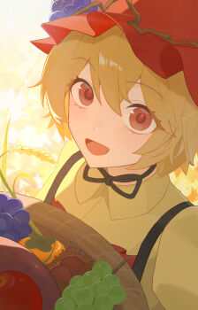 1girl aki_minoriko apple apron black_choker blonde_hair choker collared_shirt commentary food food_request fruit grape_hat_ornament grapes hat highres looking_at_viewer mob_cap open_mouth orange_apron orange_eyes orange_hat palulap ribbon_choker shirt smile solo touhou wheat yellow_shirt