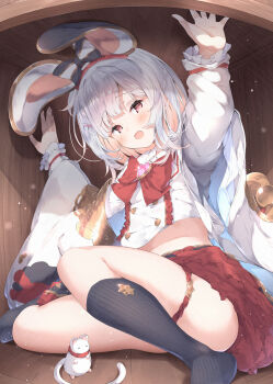 Rule 34 | 1girl, absurdres, animal ears, black socks, blush, bow, box, breasts, brooch, fake animal ears, granblue fantasy, hair ornament, hairclip, heart, heart brooch, highres, jewelry, kneehighs, long sleeves, looking at viewer, midriff, mouse (animal), mouse ears, open mouth, red eyes, red skirt, scrunchie, shirt, short hair, skirt, socks, solo, thighlet, thighs, ukiwakisen, vikala (granblue fantasy), white hair, wrist scrunchie