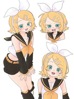 1girl angry aqua_eyes arm_warmers bare_shoulders belt black_sailor_collar black_shorts blonde_hair bow breasts commentary hair_ornament hairclip headphones headset highres kagamine_rin komori_kamome leg_warmers looking_at_viewer neckerchief open_mouth parallel_hairclips sailor_collar short_hair shorts simple_background small_breasts smile thighs treble_clef vocaloid white_background white_bow yellow_belt yellow_neckerchief yellow_trim