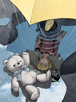 1girl blonde_hair boots highres holding holding_umbrella looking_down original parted_lips postiago puddle rain red_shirt reflection reflective_liquid ripples shirt solo standing stuffed_animal stuffed_toy teddy_bear umbrella water yellow_boots yellow_umbrella
